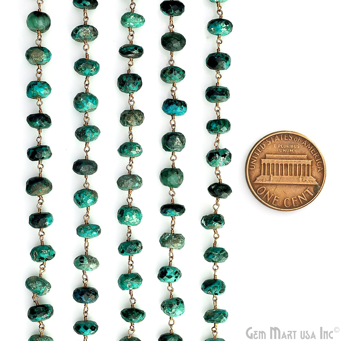 Chrysocolla Faceted 8-9mm Gold Plated Beaded Wire Wrapped Rosary Chain