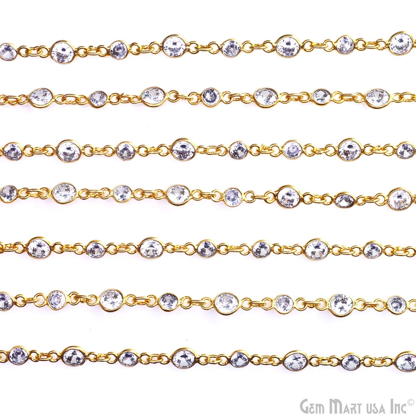 White Zircon 4mm & 5mm Round Gold Plated Bezel Continuous Connector Chain