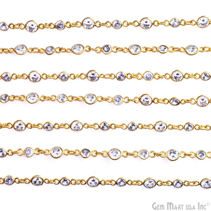 White Zircon 4mm & 5mm Round Gold Plated Bezel Continuous Connector Chain