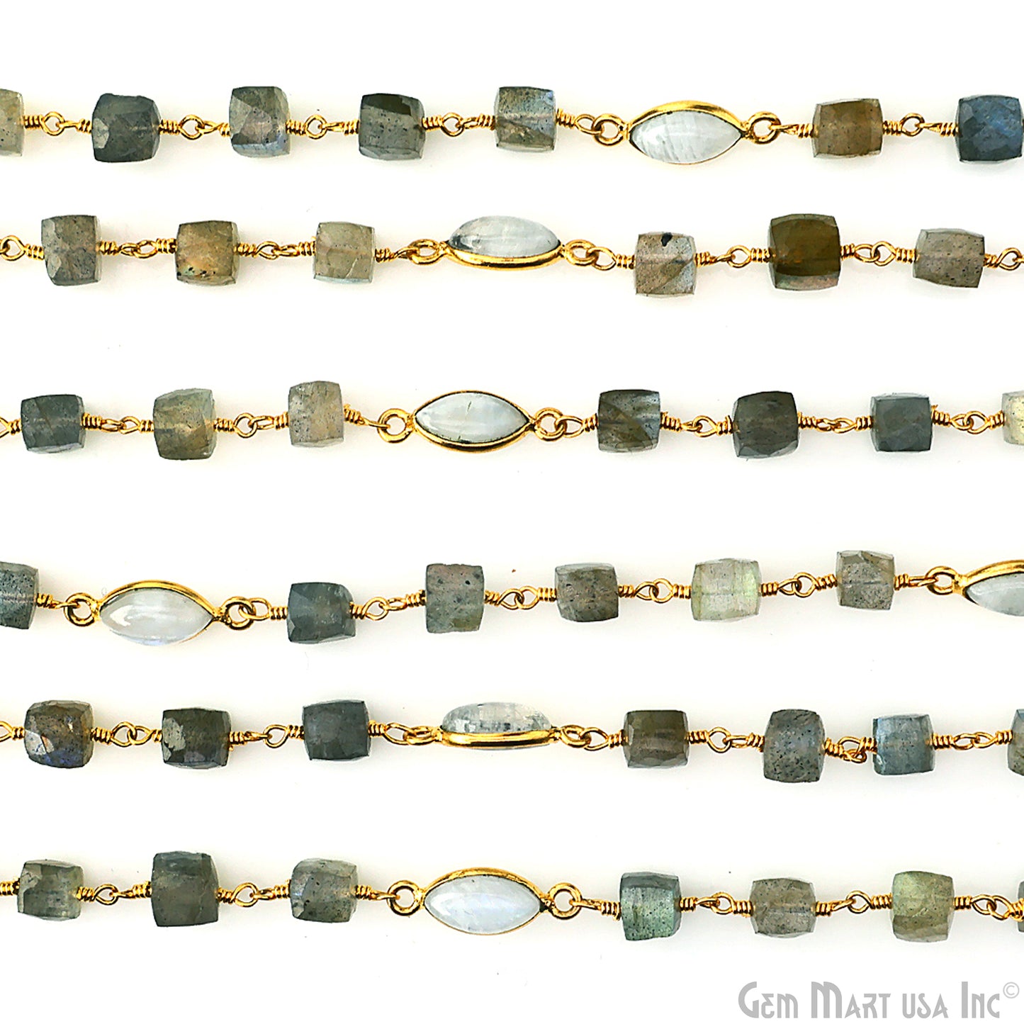 Labradorite Box Beads & Moonstone Bezel Connector Gold Plated Rosary Chain