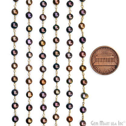 Golden Pearl Cabochon Beads 6-7mm Gold Plated Gemstone Rosary Chain