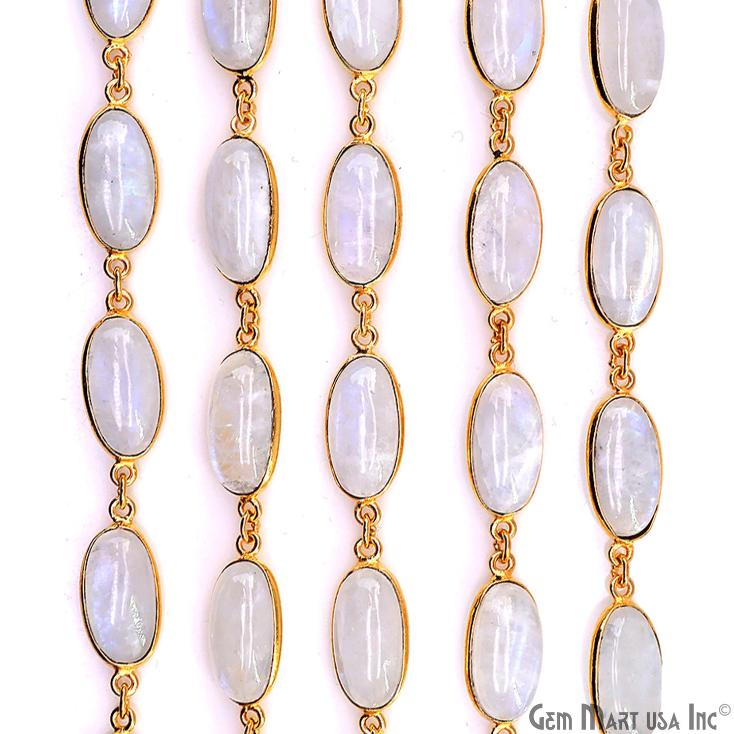 Rainbow Moonstone Cabochon Oval 8x16mm Gold Plated Continuous Connector Chain