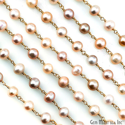 Pink Pearl Cabochon Beads 6-7mm Gold Plated Gemstone Rosary Chain