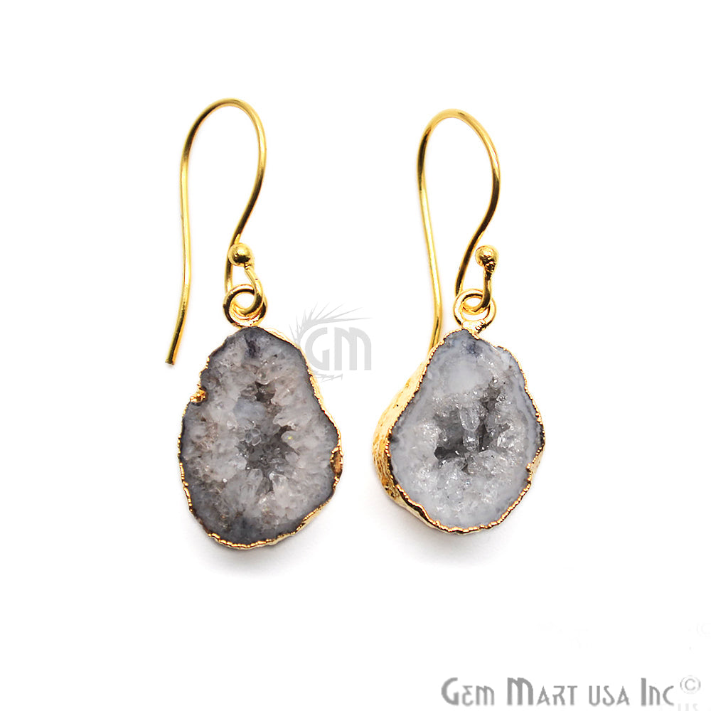 Geode Druzy Gemstone Gold Edge Dangle Hook Earrings