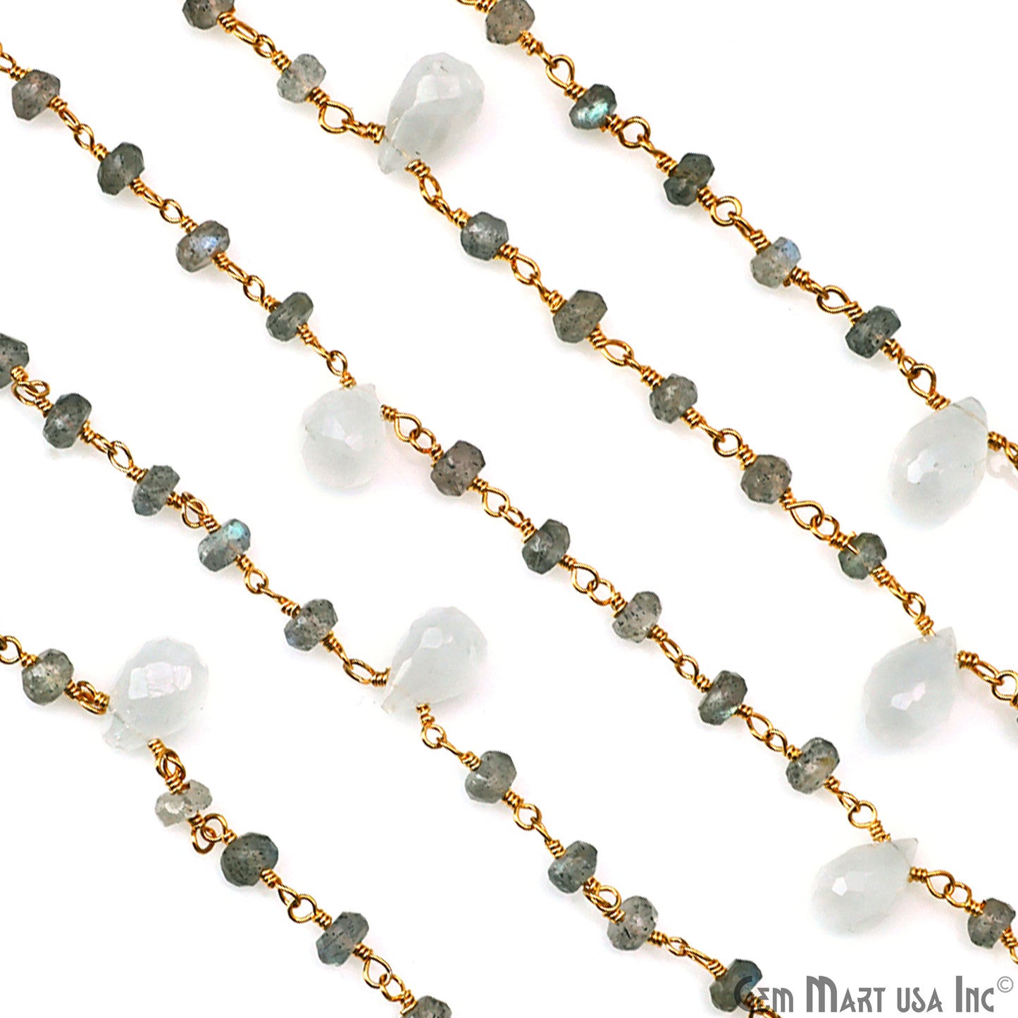 Labradorite Beads & Rainbow Moonstone Drop Beads Gold Wire Wrapped Beads Rosary Chain