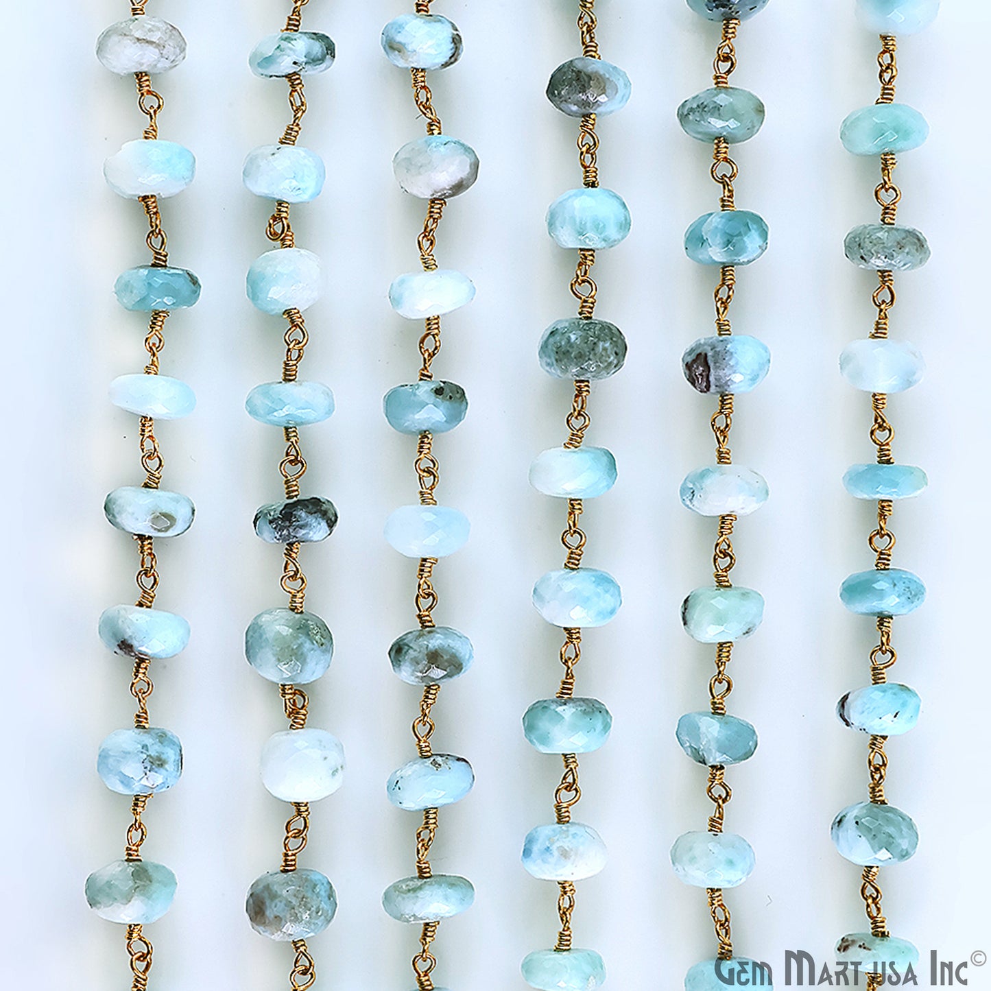 Larimar Faceted 8-9mm Gold Plated Beaded Wire Wrapped Rosary Chain