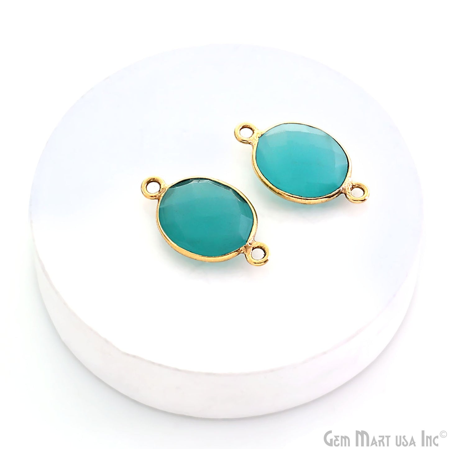 Natural Aqua Chalcedony Oval 10x12mm Gold Plated Double Bail Connector