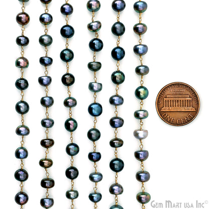 Black Pearl Cabochon Beads 8-9mm Gold Plated Gemstone Rosary Chain