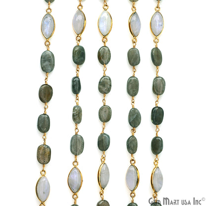 Labradorite Tumble & Rainbow Moonstone Bezel Gold Plated Wire Wrapped Rosary Chain