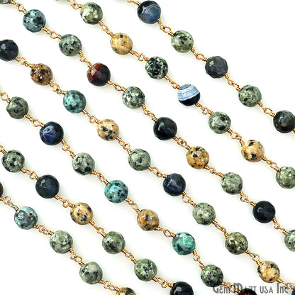 Multi Color Jade Faceted 8mm Gold Plated Wire Wrapped Rosary Chain