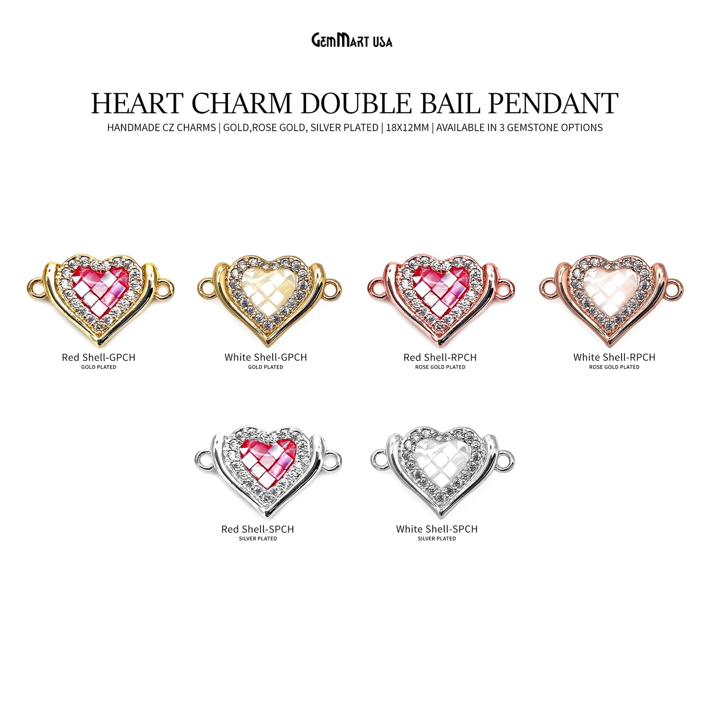 Heart Charm Pendant 18x12mm Double Bail Bracelet Charm Jewelry GemMartUSA