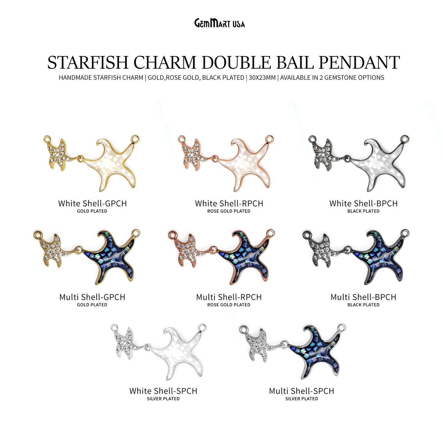 Starfish Charm Pendant Cubic Zircon 30x23mm Double Bail Bracelet Charm Jewelry GemMartUSA
