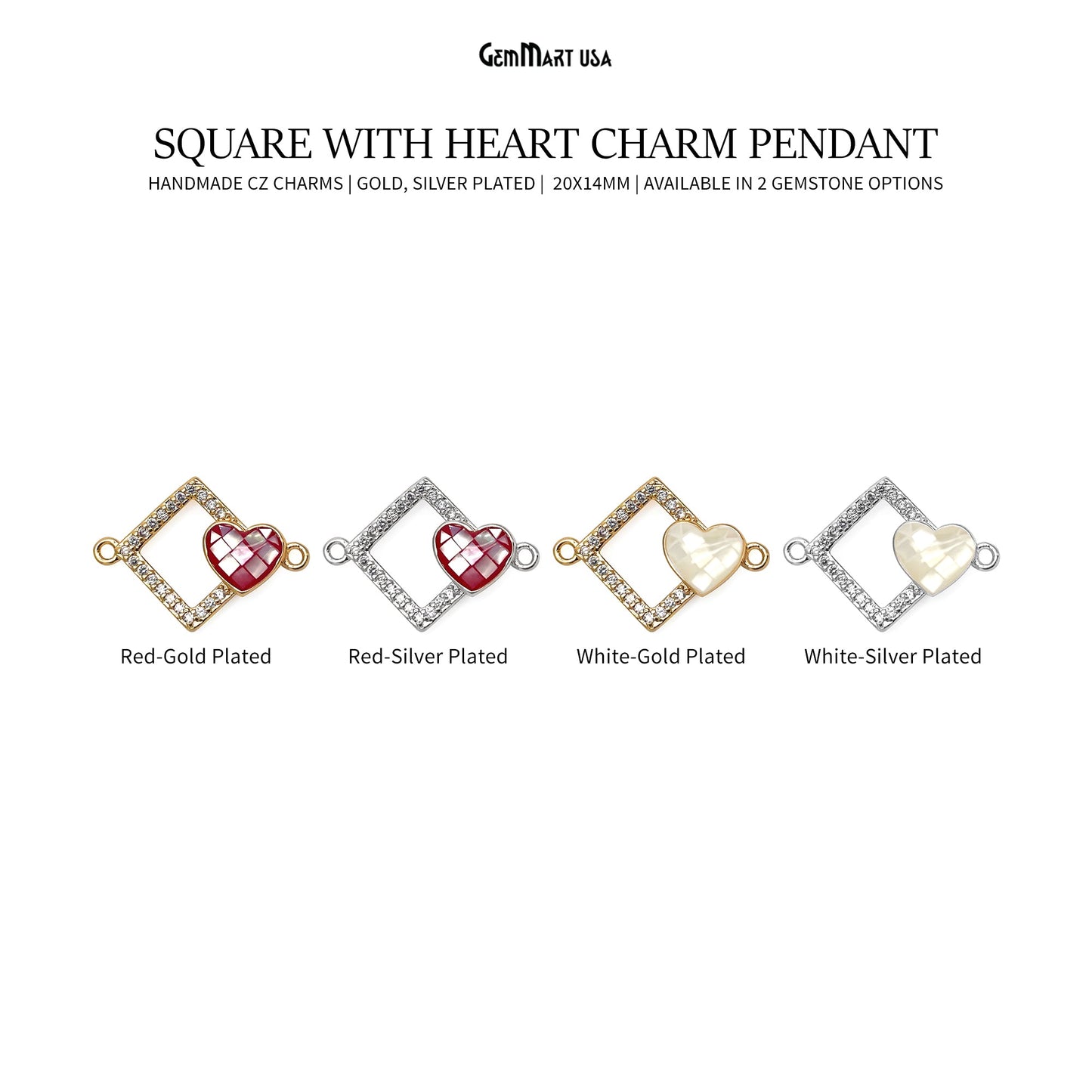 Square With Heart Charm Pendant 20x14mm Double Bail Bracelet Charm Jewelry GemMartUSA