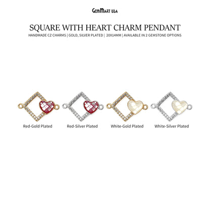 Square With Heart Charm Pendant 20x14mm Double Bail Bracelet Charm Jewelry GemMartUSA