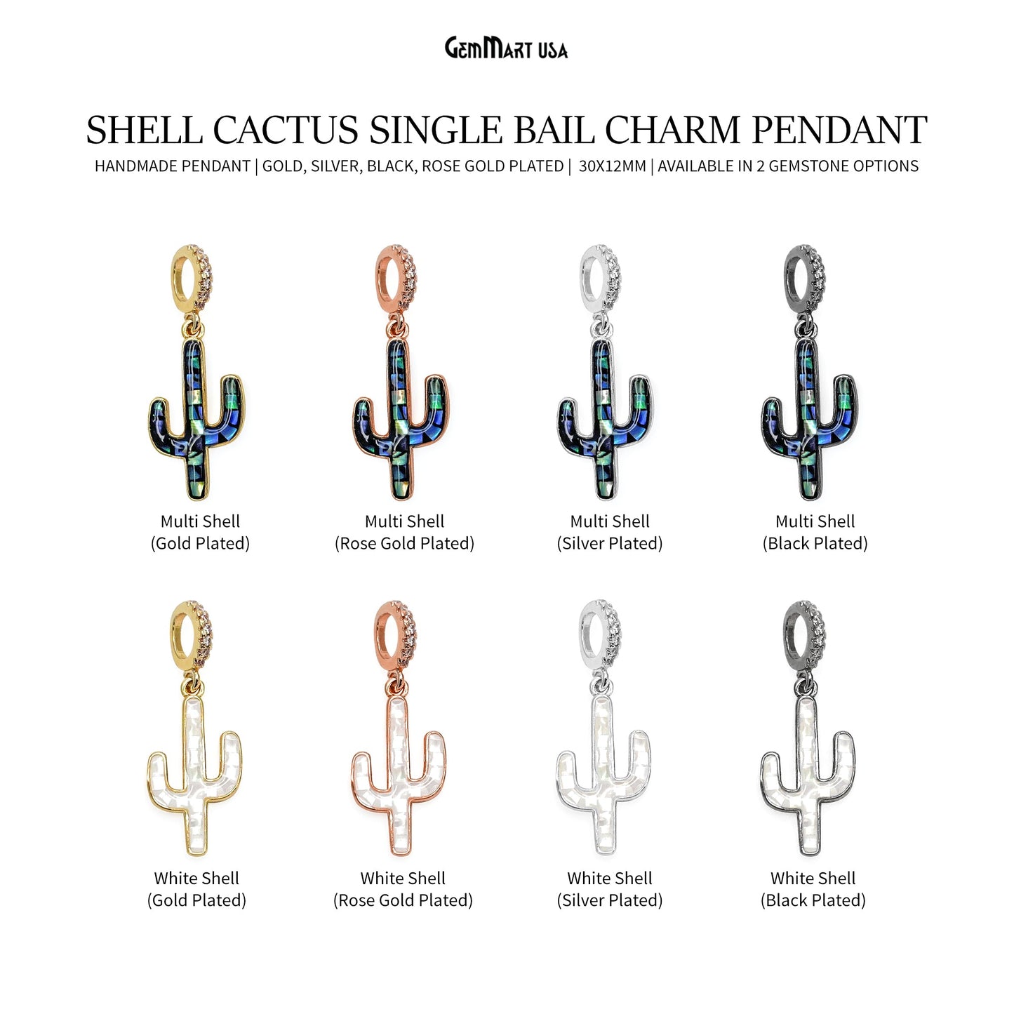 Shell Cactus Charm Pendant 30x12mm Single Bail Bracelet Charm Jewelry GemMartUSA