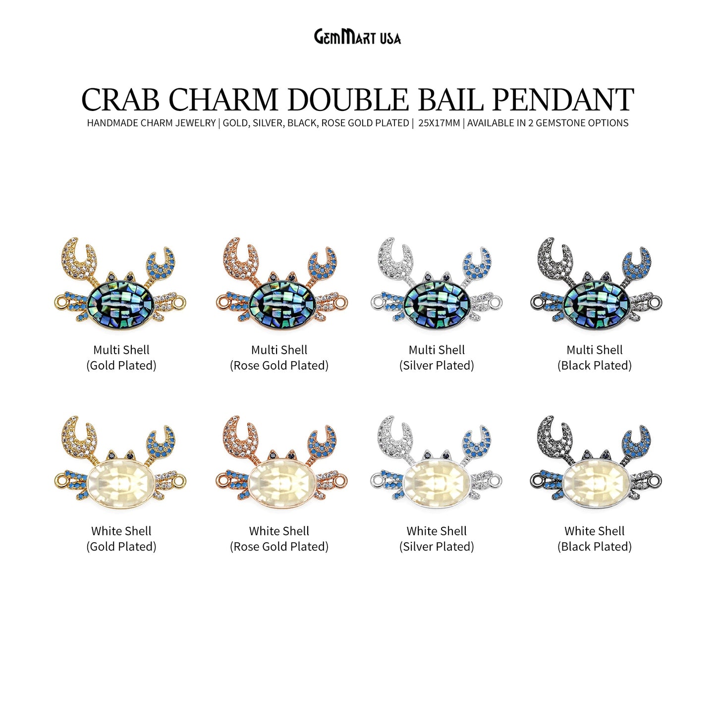 Crab Charm Pendant crab jewelry Cubic Zircon 25x17mm Pendant Charm Jewelry GemMartUSA