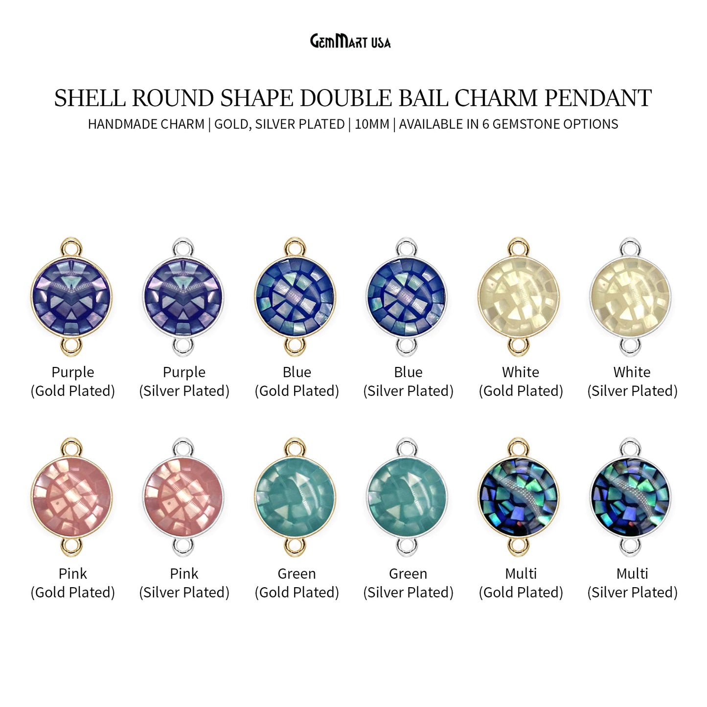 Shell Round Shape 10mm Double Bail Connector Charm Jewelry GemMartUSA