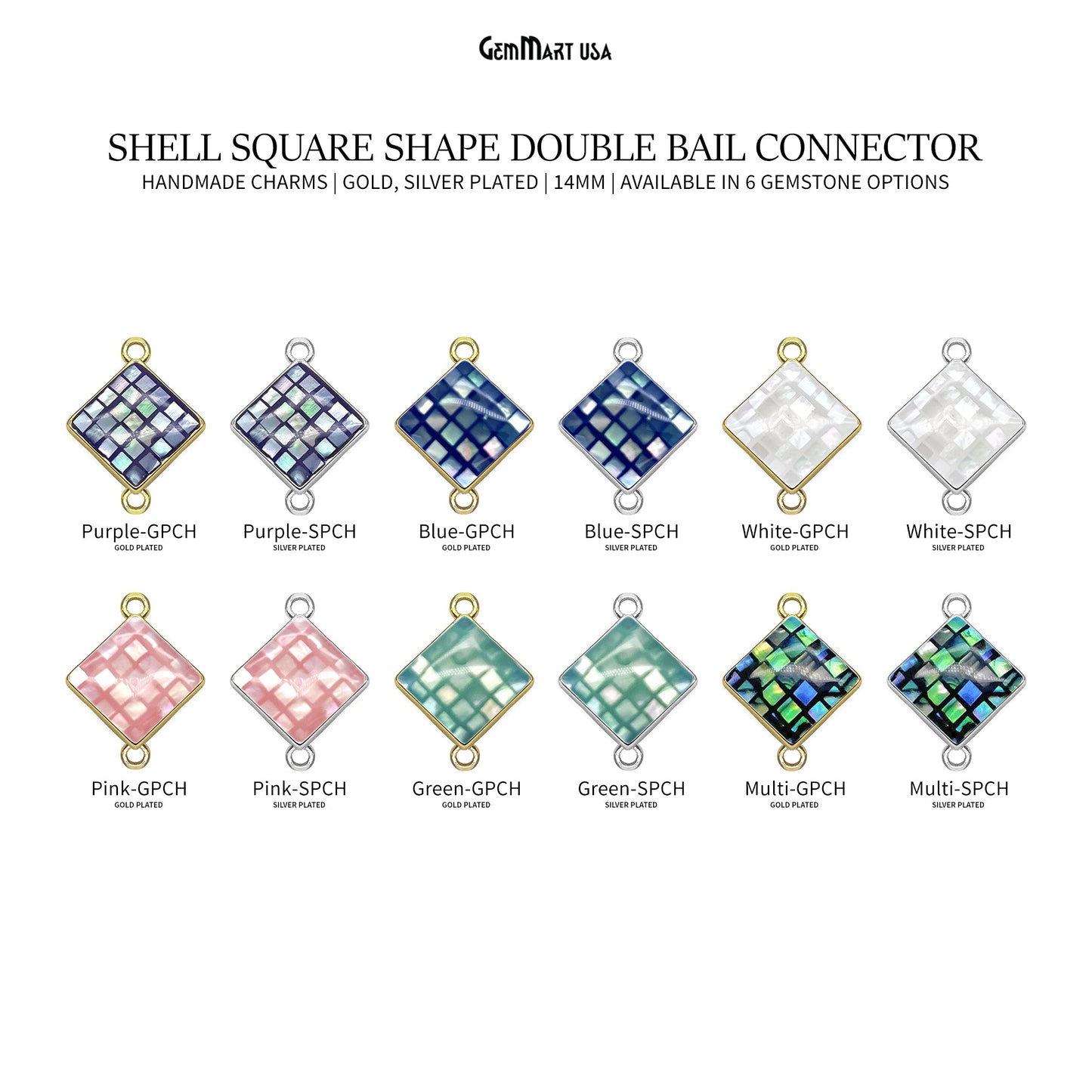 Shell Square Shape 14mm Double Bail Connector Charm Jewelry GemMartUSA