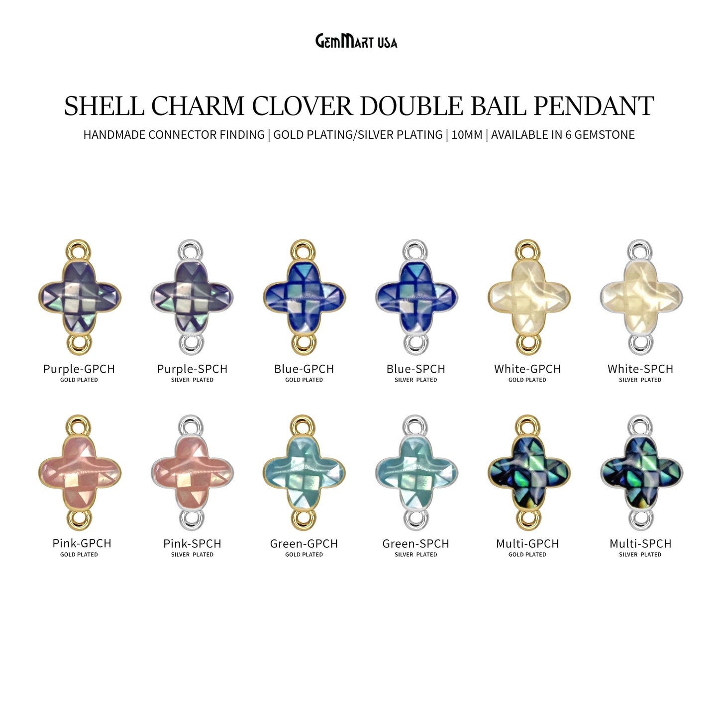 Shell Charm Clover 10mm Double Bail Bracelet Charm Pendant  Jewelry GemMartUSA