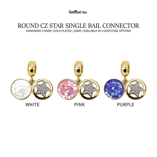 Round CZ Star Gold Plated 10mm Single Bail Pendant Connector Charms Jewelry GemMartUSA