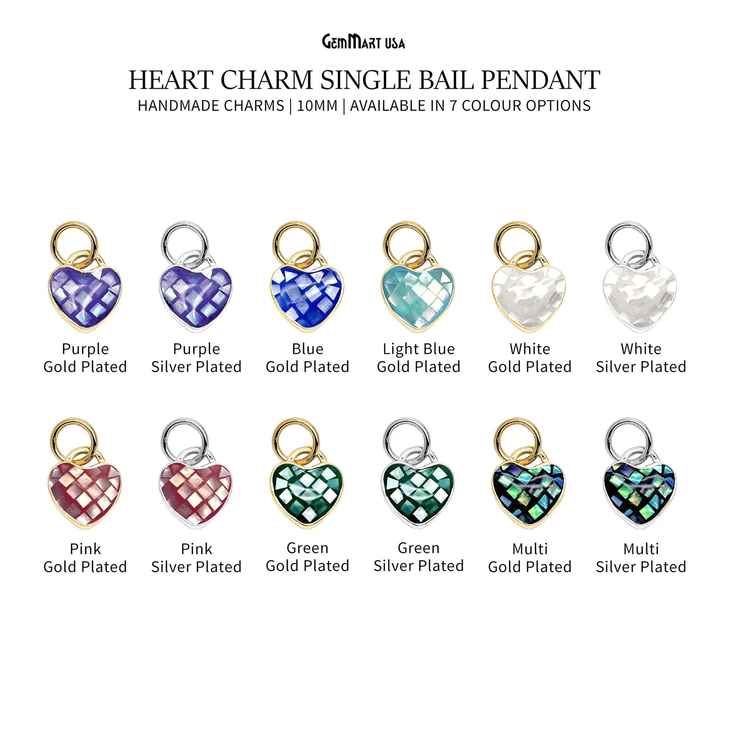 Heart Charm Pendant 10mm Single Bail Bracelet Charm Jewelry GemMartUSA