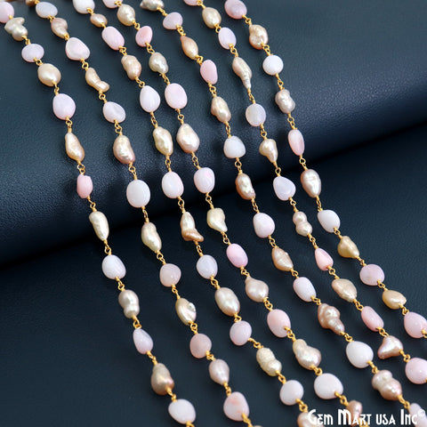 Pink Opal & Pink Freshwater Pearl Tumbled Beads 10x6mm Gold Plated Wire Wrapped Rosary Chain