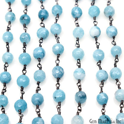 Shaded Blue Jade Faceted Beads 6mm Oxidized Gemstone Rosary Chain