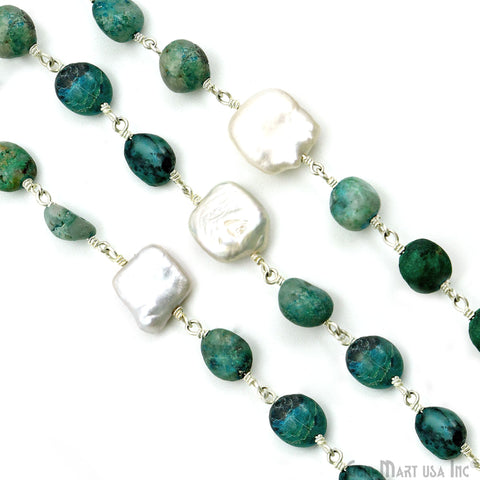 Chrysocolla Tumble Beads 8x5mm & Freshwater Pearl 12mm Beads Silver Plated Rosary Chain