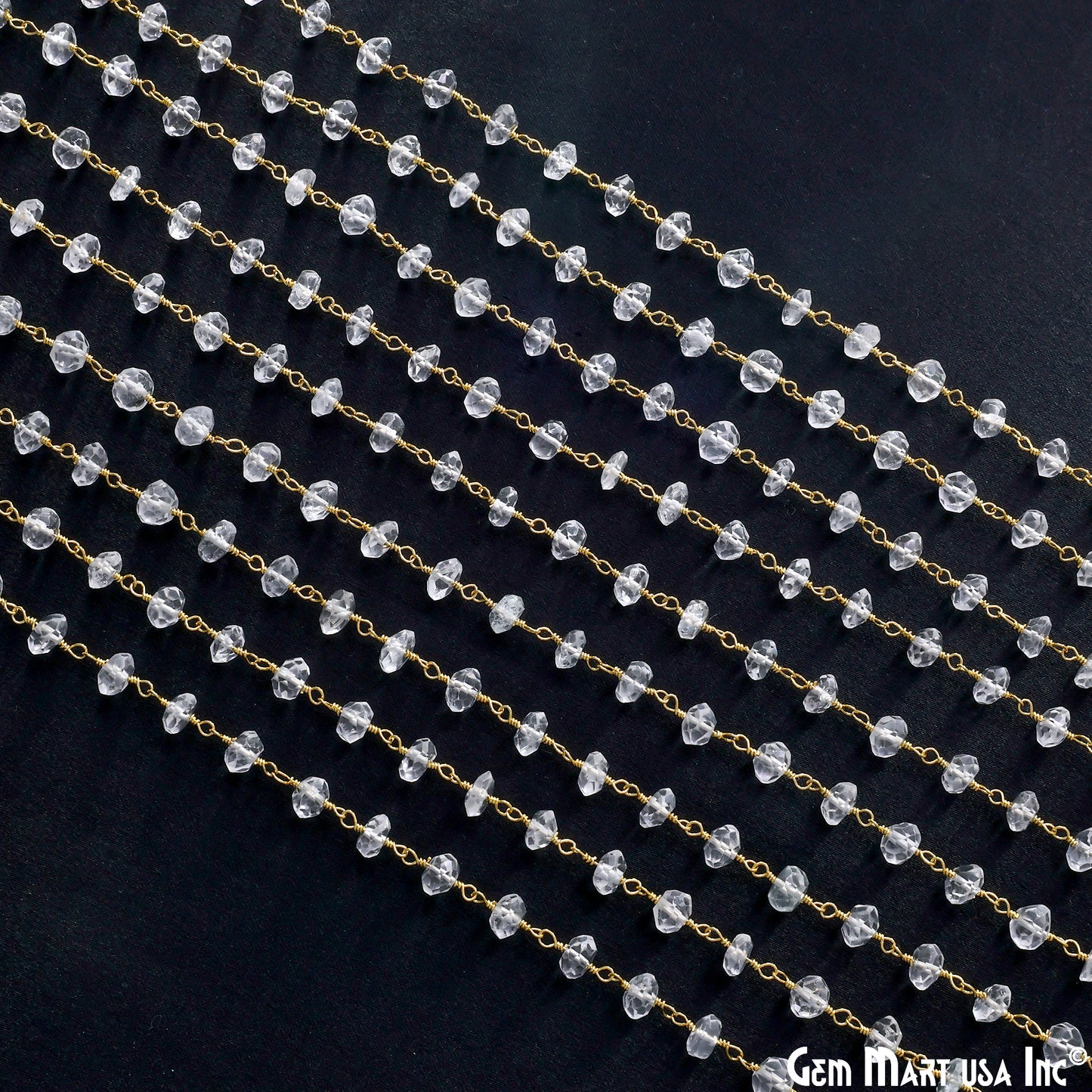 White Topaz Faceted 5-6mm Gold Wire Wrapped Beads Rosary Chain