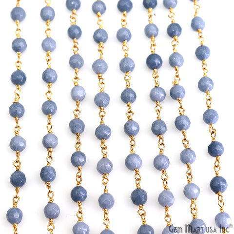 Blue Lace Agate Jade Faceted Beads 4mm Gold Wire Wrapped Rosary Chain