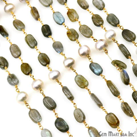 Labradorite Tumble & Freshwater Pearl Gold Plated Wire Wrapped Rosary Chain