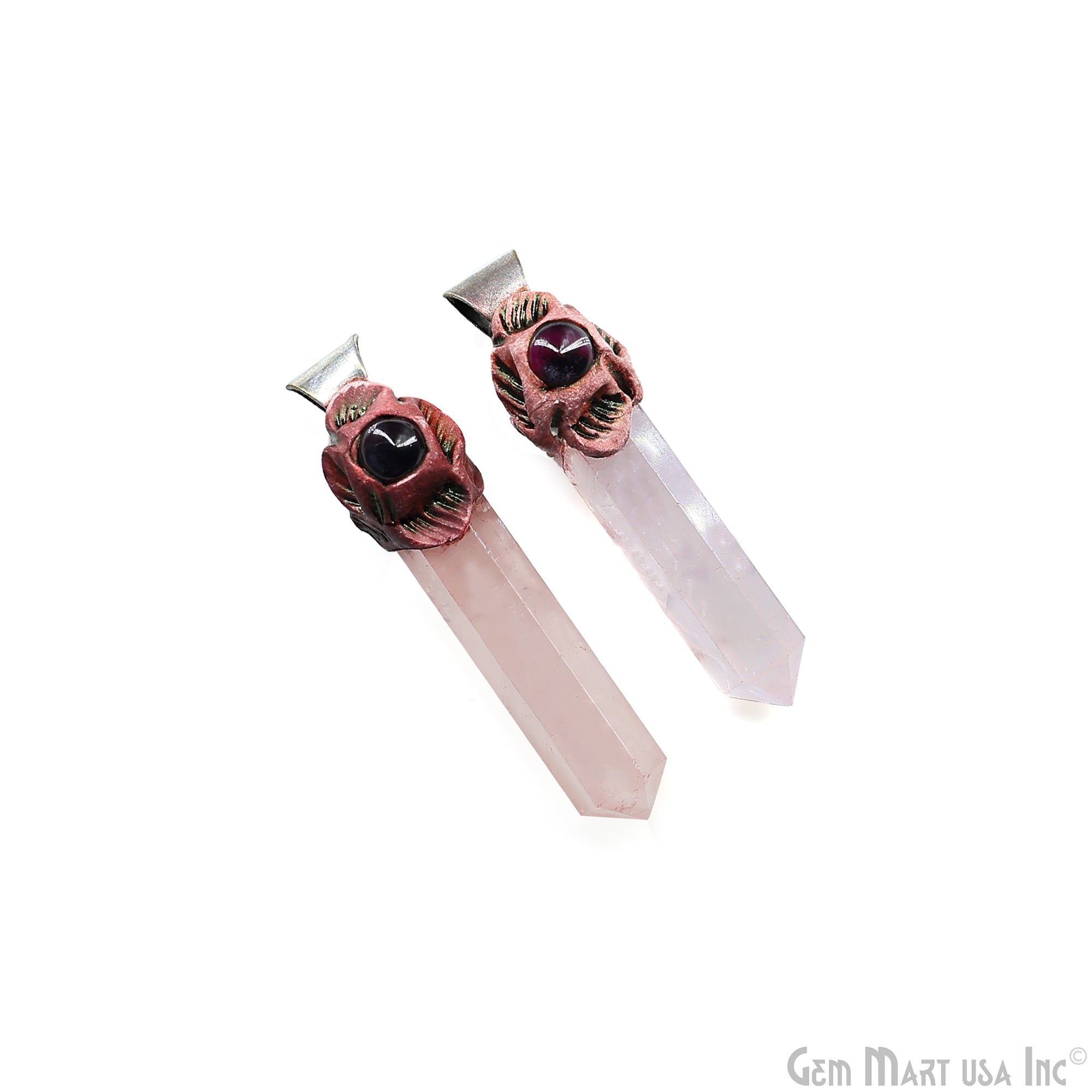 Rose Quartz with Garnet Polymer Clay Crystal Pendant, Silver Dowsing Single Bail Pendant