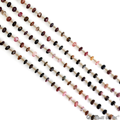 Multi Tourmaline Cabochon Bead 7-8mm Gold Plated Wire Wrapped Rosary Chain