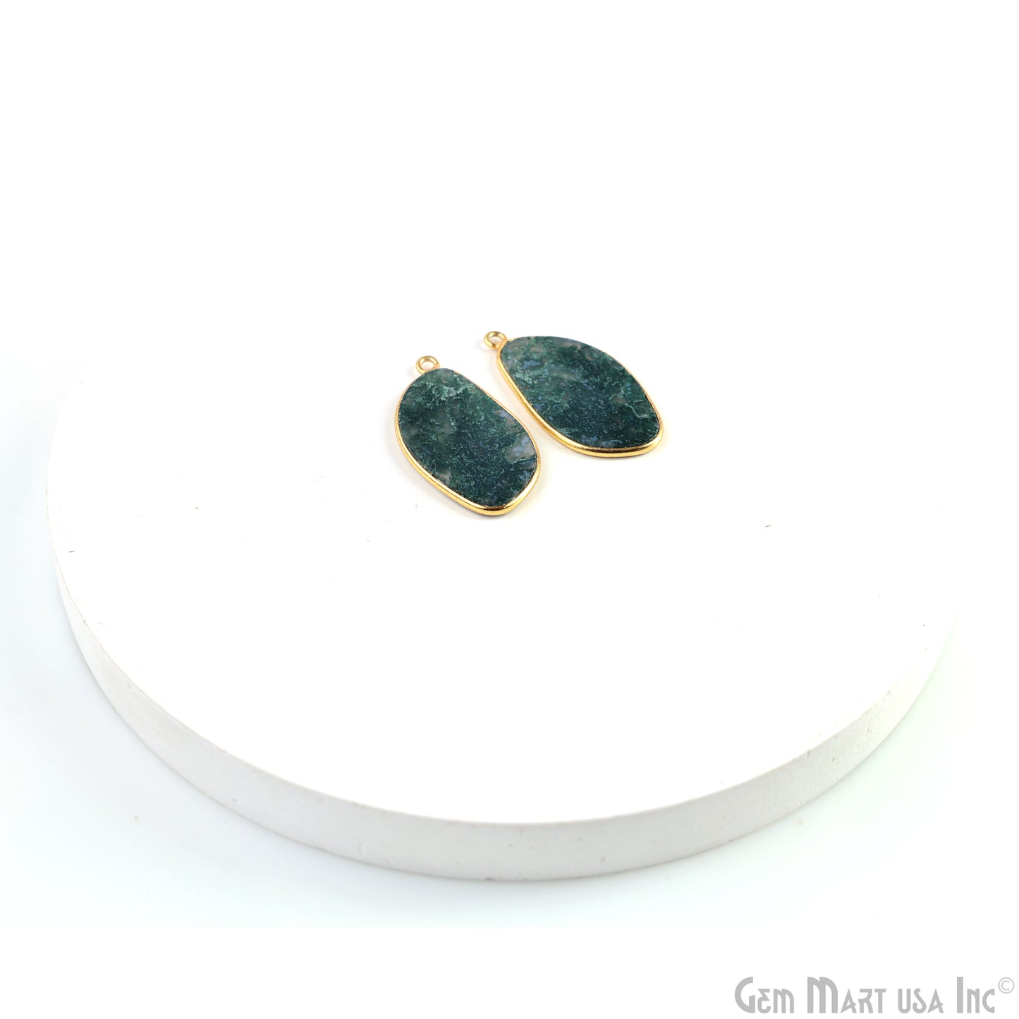 Moss Agate Free Form Gold Plated Single Bail Bezel Smooth Slab Slice Thick Gemstone Connector 33x16mm 1 Pair