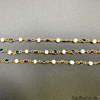 Sapphire & Pearl Beads Gold Plated Round Shape Bezel Link Continuous Connector Chain