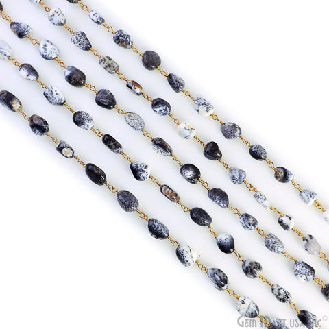 Dendrite Opal Tumbled Beads 8x5mm Gold Plated Wire Wrapped Rosary Chain