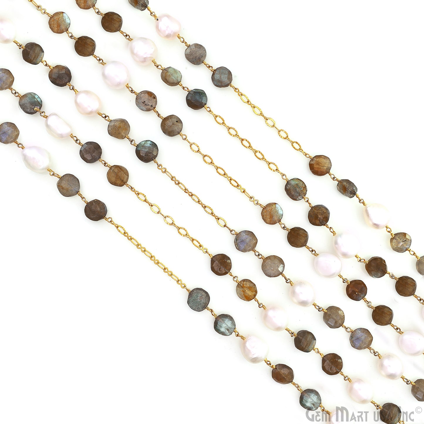 Labradorite Coin 10-11mm & Pearl 10-12mm Gold Plated Beads Rosary Chain