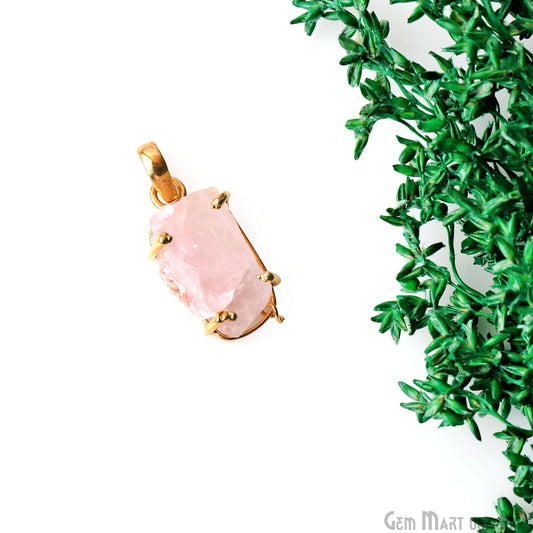 Natural Morganite Organic 24x12mm Gold Plated Prong Setting Single Bail Gemstone Pendant