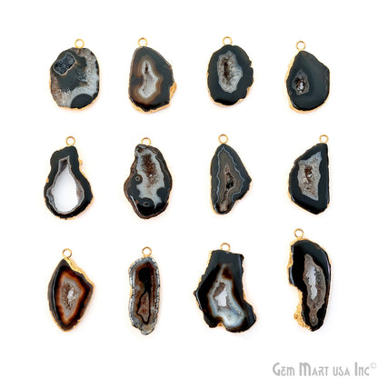 Black Agate Geode Druzy 1-2 Inch Single Bail Gold Electroplated Gemstone Connector