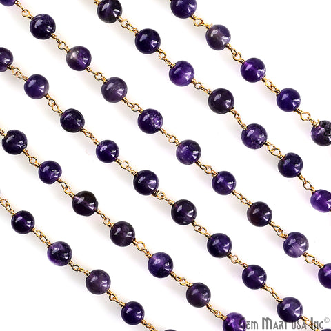 Amethyst 6mm Cabochon Beads Gold Wire Wrapped Rosary Chain