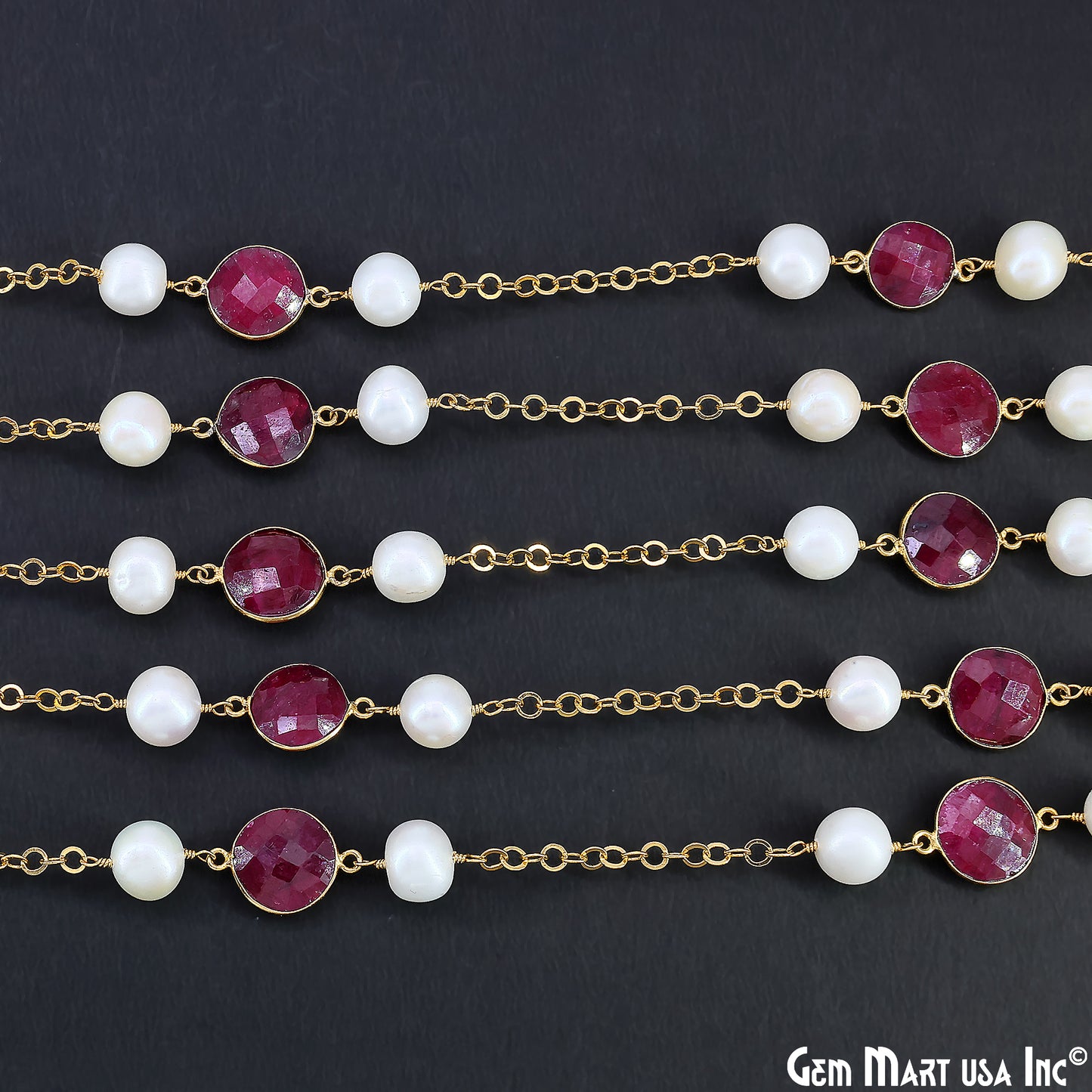 Ruby And Pearl Beads Gold Plated Round Shape Bezel Link Continuous Connector Chain