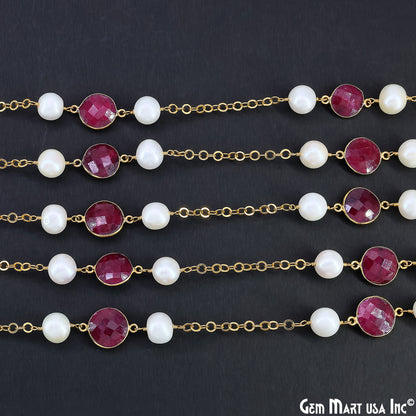 Ruby And Pearl Beads Gold Plated Round Shape Bezel Link Continuous Connector Chain