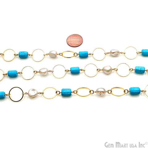 Turquoise & Freshwater Pearl With Gold Round Finding Rosary Chain
