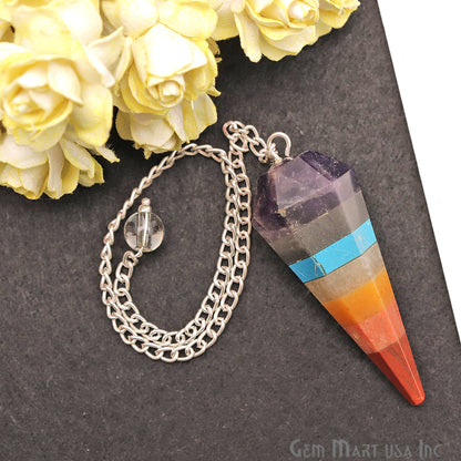 Seven Chakra Crystal Dowsing Pendulum - Natural Gemstone Pendant with Silver Chain