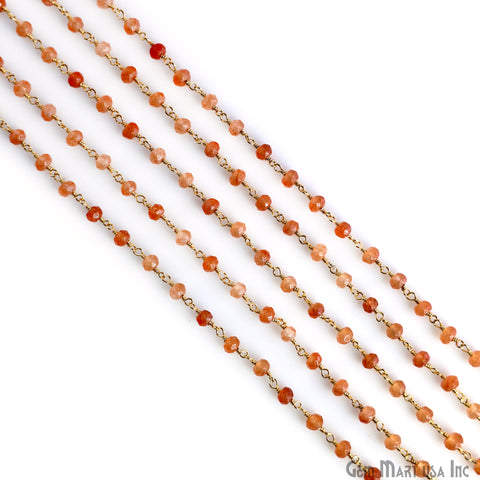 Sunstone 4mm Round Faceted Beads Gold Wire Wrapped Rosary