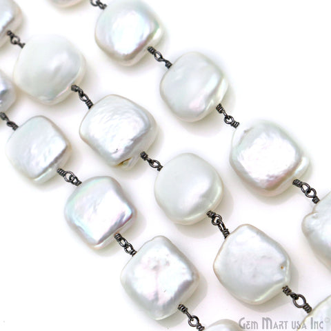 Freshwater Pearl Square Beads 13mm Oxidized Wire Wrapped Rosary Chain