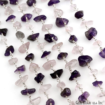 Amethyst & Rose Quartz  Nugget Chip 4-6mm Silver Wire Wrapped Rosary Chain