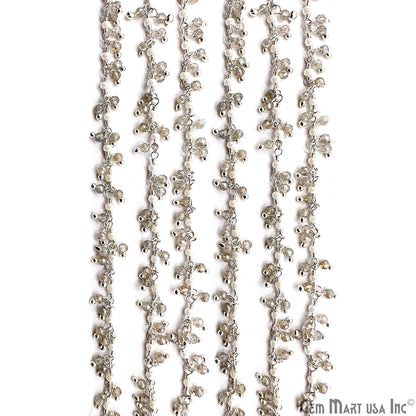 Labradorite & Synthetic Pearl Faceted Beads Silver Plated Wire Wrapped Rosary Chain