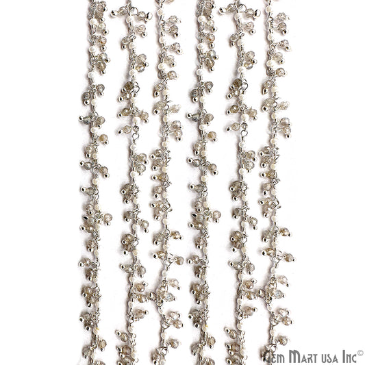 Labradorite & Synthetic Pearl Faceted Beads Silver Plated Wire Wrapped Rosary Chain