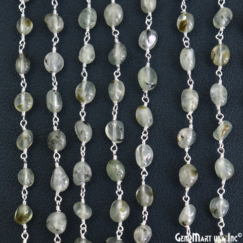 Green Rutile Tumble Beads 8x5mm Silver Wire Wrapped Rosary Chain